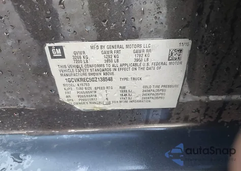 2016 Chevrolet Silverado 1500 2Lt из США, поврежденный, VIN 1GCVKREC5GZ138548